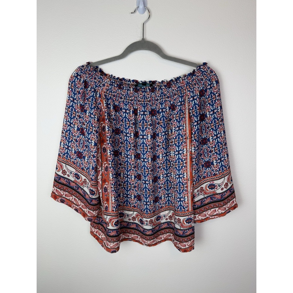Cynthia Rowley Women Size L 3/4 Length Sleeve Blouse Off Shoulder Red White Blue